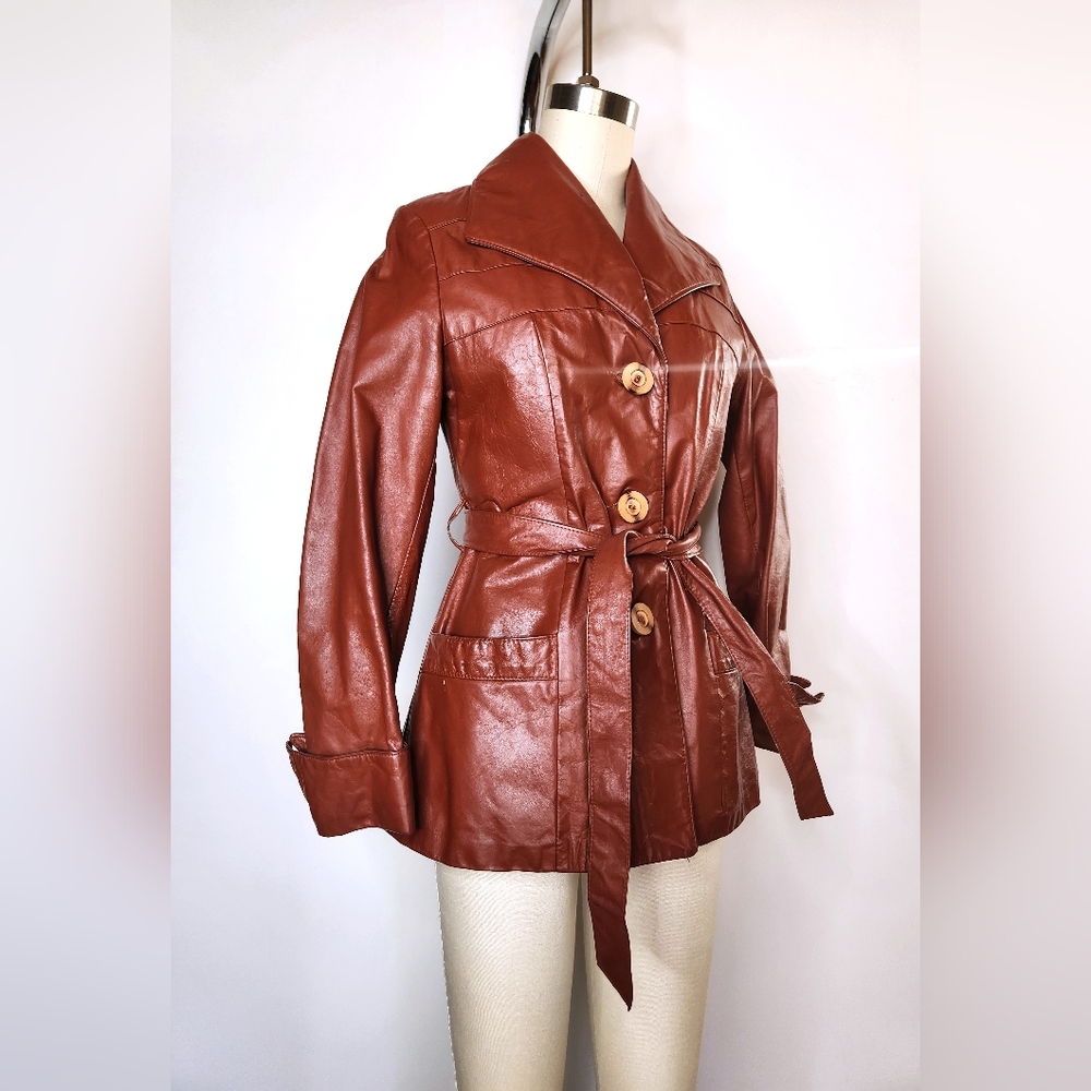 70s Brown Leather Coat Jacket Trench Coat Jacket Belted Quilted Lining XXS XS - Picture 7 of 12